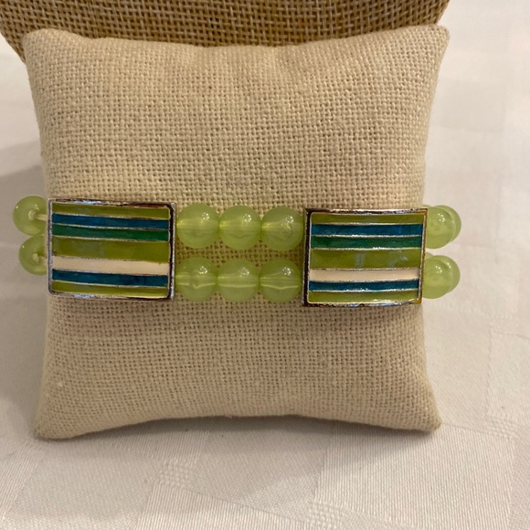 Green Blue Silver Enamel Beaded Stretch Bracelet Rectangular Panels Opaque Beads - Picture 1 of 4